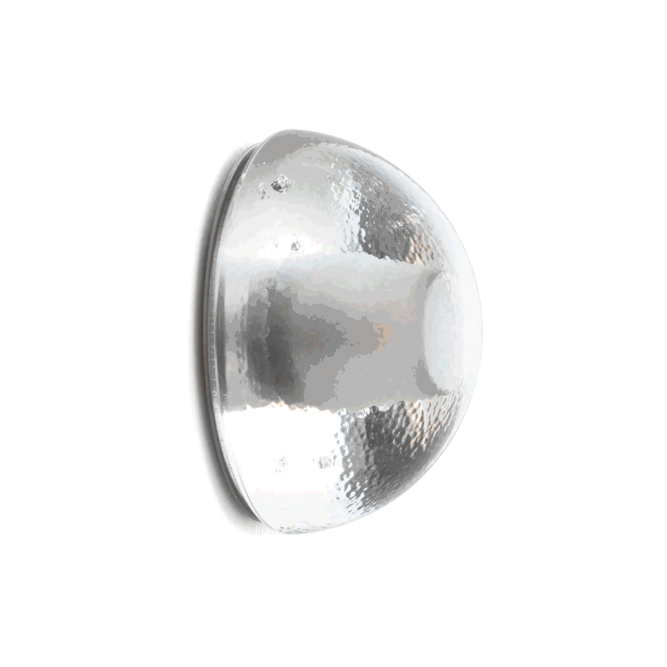 Bocci 14s Wall and Ceiling Lamp by Omer Arbel. A polished silver dome with reflective surfaces mounted on a white wall.