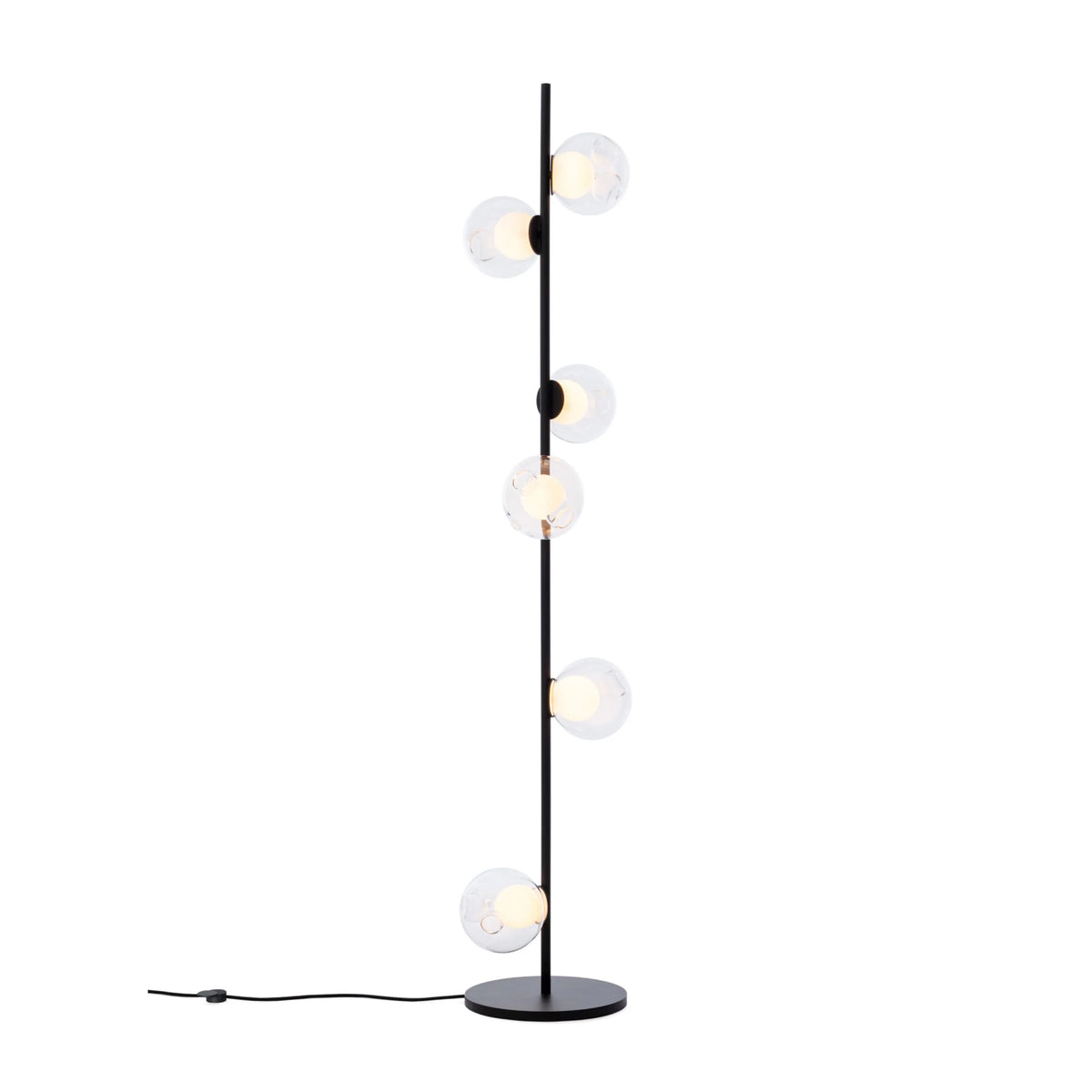 Bocci 28.6 Stem Floor by Omer Arbel. A tall black pole holds six frosted glass spheres that emit warm light.