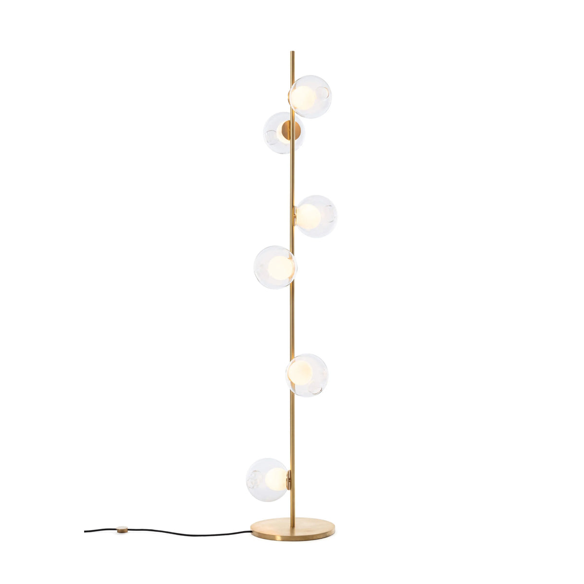 Bocci 28.6 Stem Floor by Omer Arbel. A brass floor lamp with five frosted glass globe shades emits warm light.