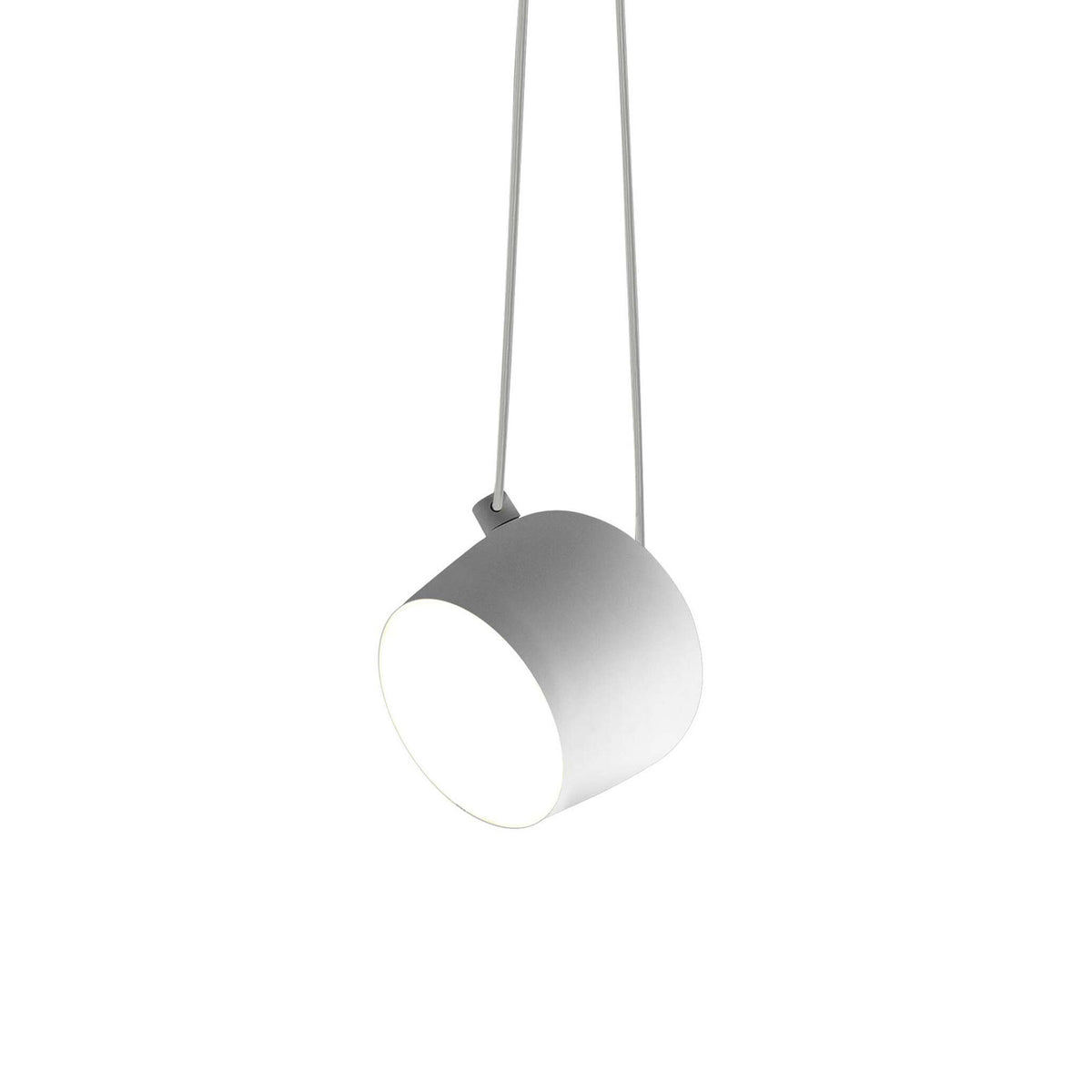 Flos Aim Suspension Lamps by Erwan & Ronan Bouroullec. A gray and white cylindrical pendant hangs from twin cords.
