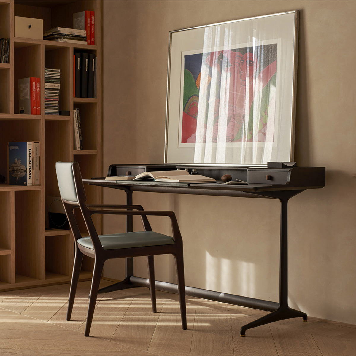 Steel Blue SC254 Leather / Mobile / Ala dining chair with Arms, designed by Giuseppe Casarosa for Ceccotti Collezioni
