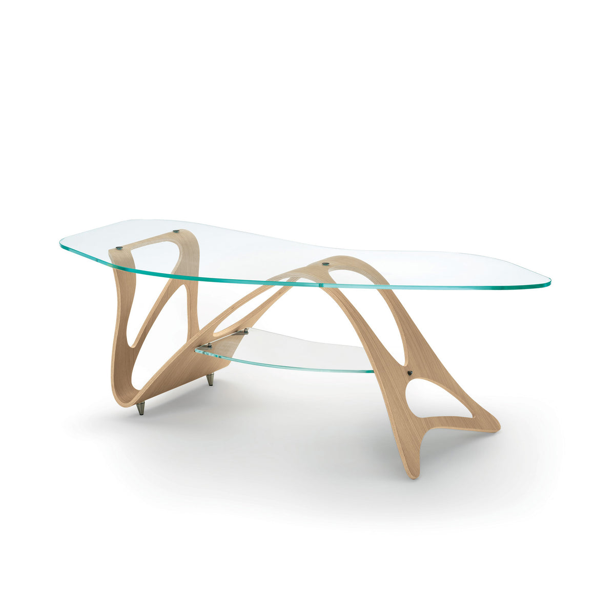 Zanotta Arabesco CM by Carlo Mollino. Natural wood legs support two curved glass shelves in this modern furniture piece.