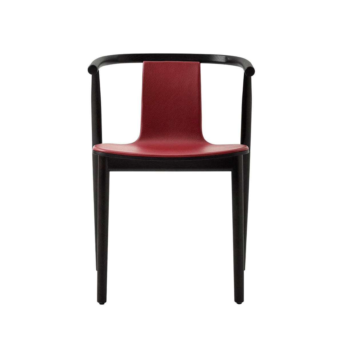 Cappellini Bac Chair by Jasper Morrison. A modern chair with a black wooden frame and burgundy leather seat.
