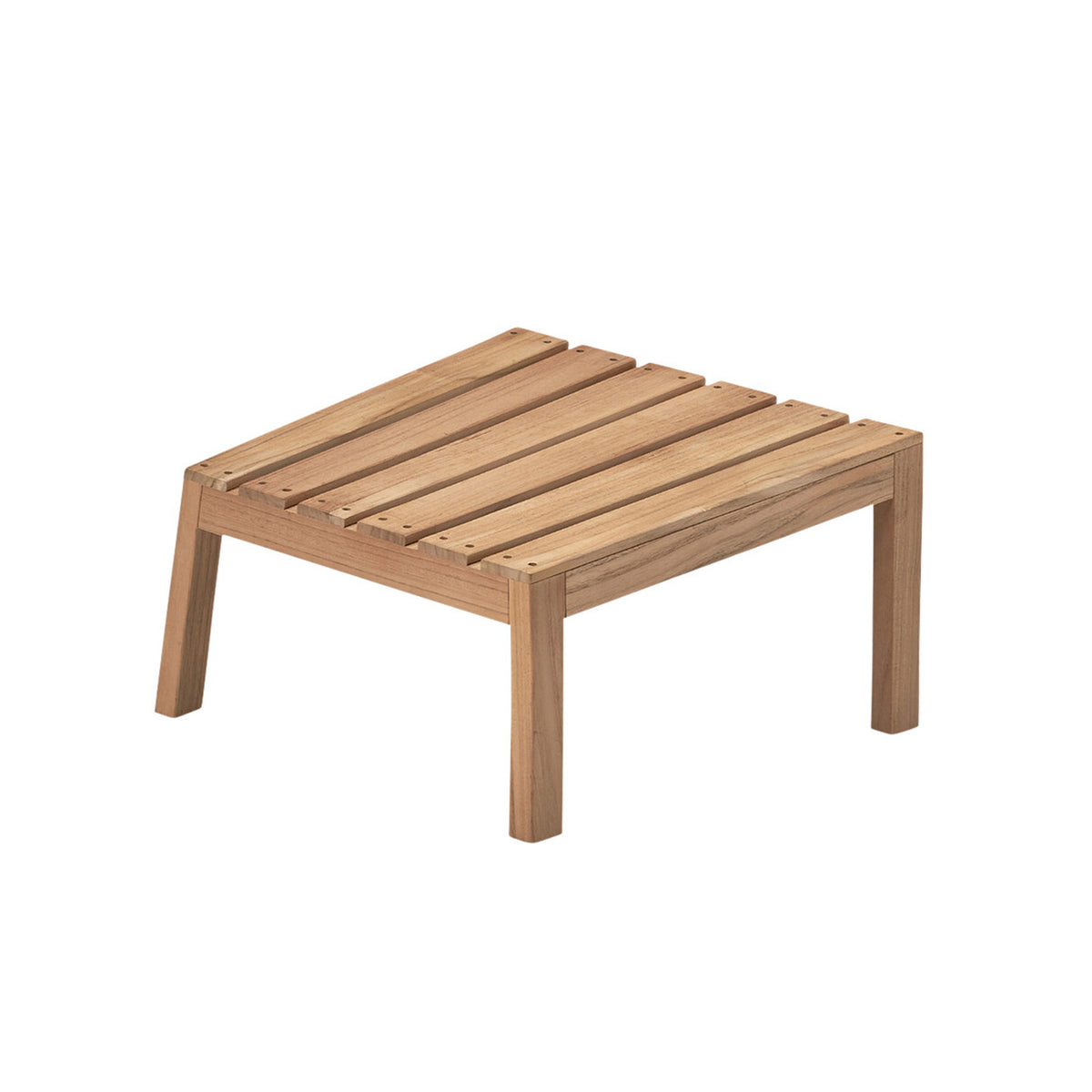 Fritz Hansen Between Lines Deck Stool by Stine Weigelt. A wooden bench with six horizontal slats and sturdy legs.