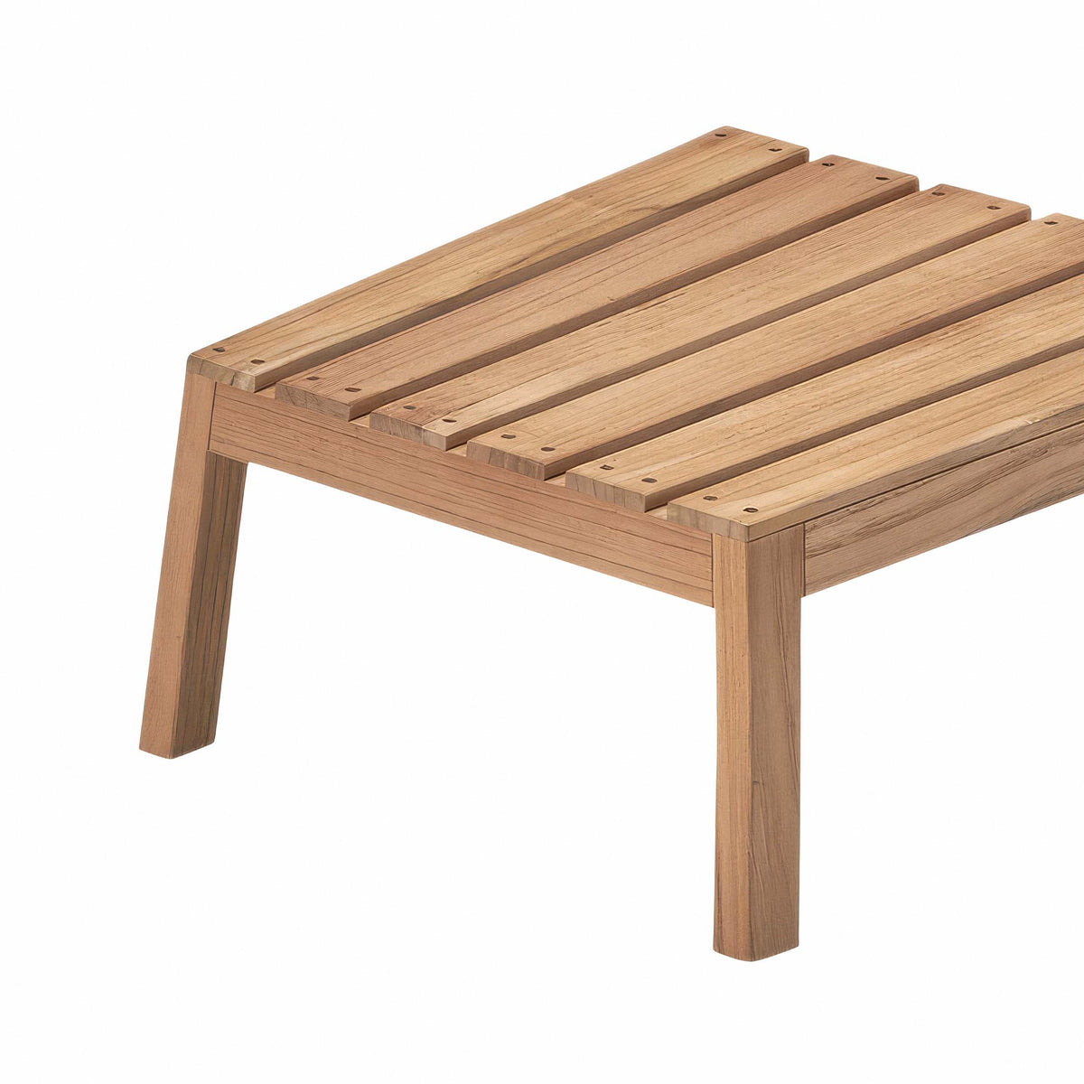Fritz Hansen Between Lines Deck Stool by Stine Weigelt. A wooden table with parallel slats and sturdy legs.