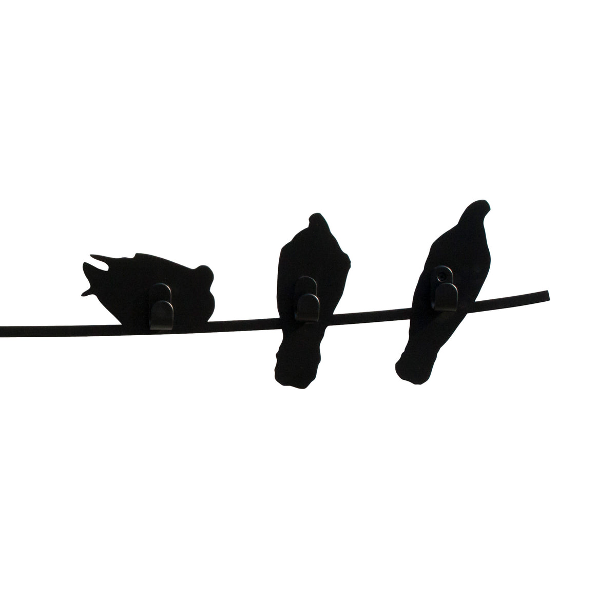 COVO Birds on Wire by Harry Allen. Three black silhouettes of birds perched together on a thin horizontal wire.