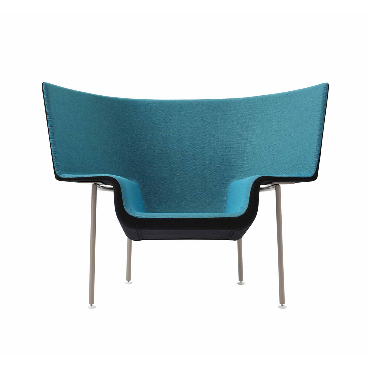 Cappellini Capo by Doshi Levien. A teal upholstered chair with black trim and metallic legs sits against a white background.