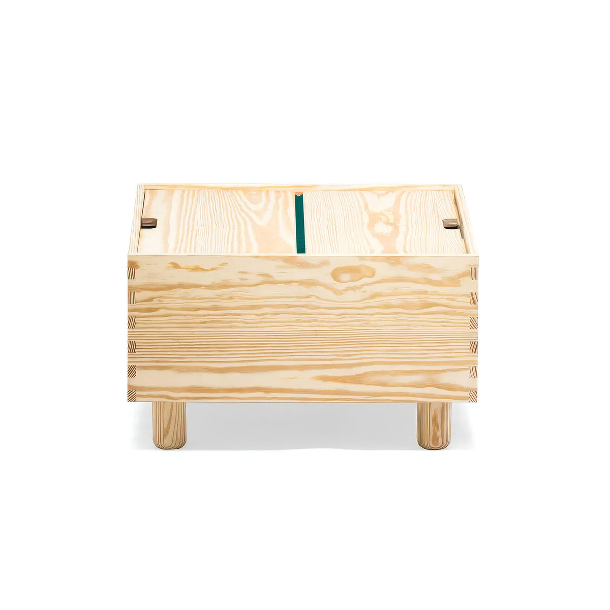 Established&Sons Crate Series by Jasper Morrison. Natural pine wood chest with horizontal slats and green divider strip.