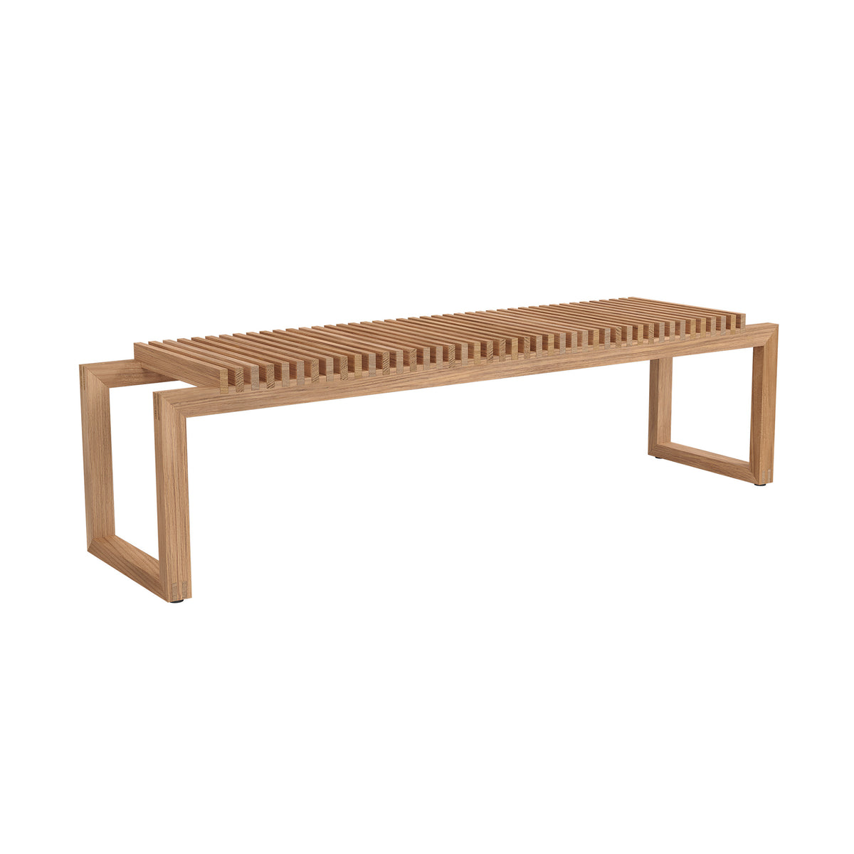 Fritz Hansen Cutter Bench by Niels Hvass. A long wooden bench with parallel slats and rectangular frame legs.