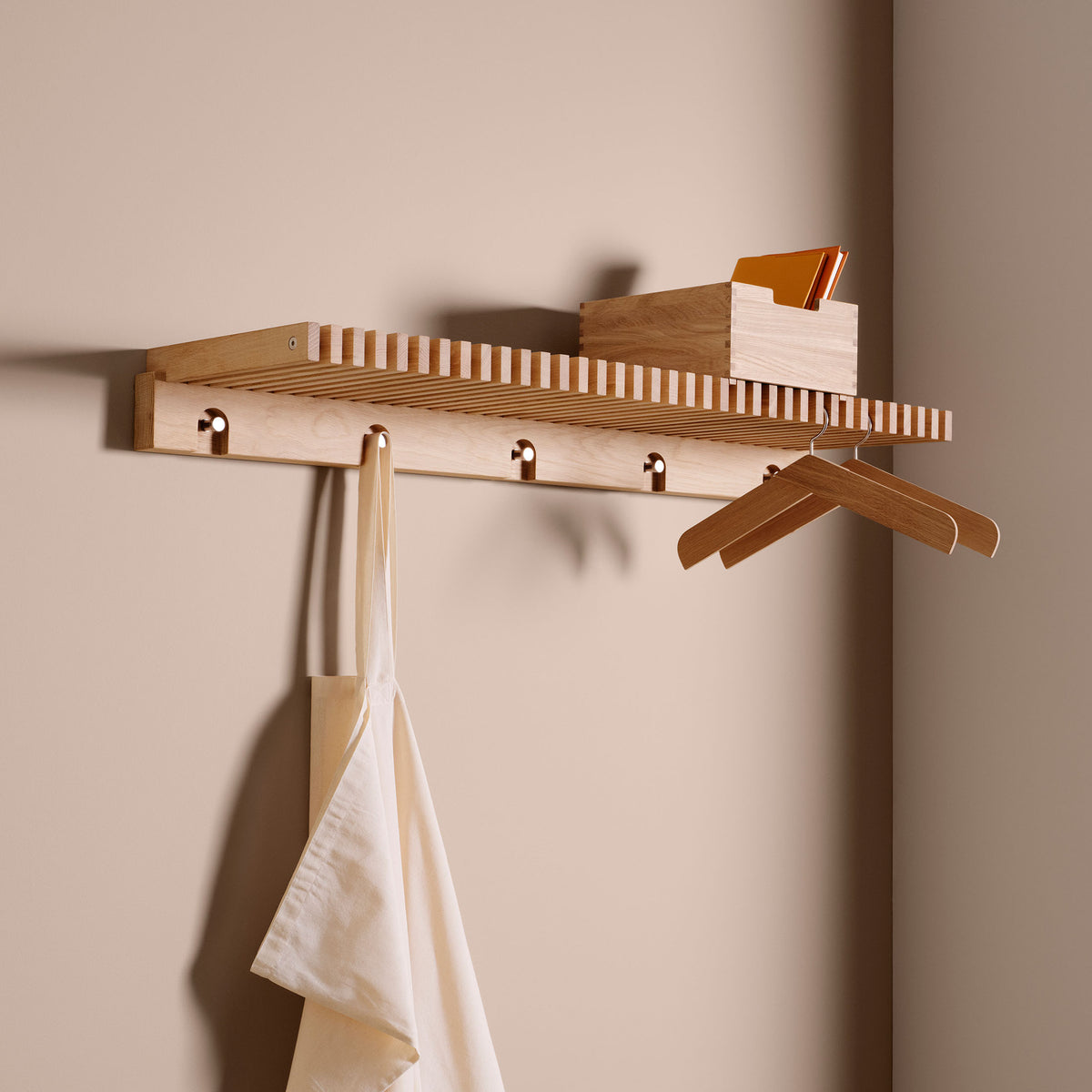 Fritz Hansen Cutter Wardrobe by Niels Hvass. A wooden wall shelf with hooks and hangers holds folded clothes and books.