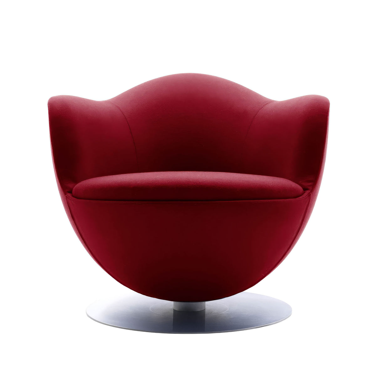 Cappellini Dalia by Marcel Wanders. A deep crimson upholstered chair with curved armrests sits on a metallic base.
