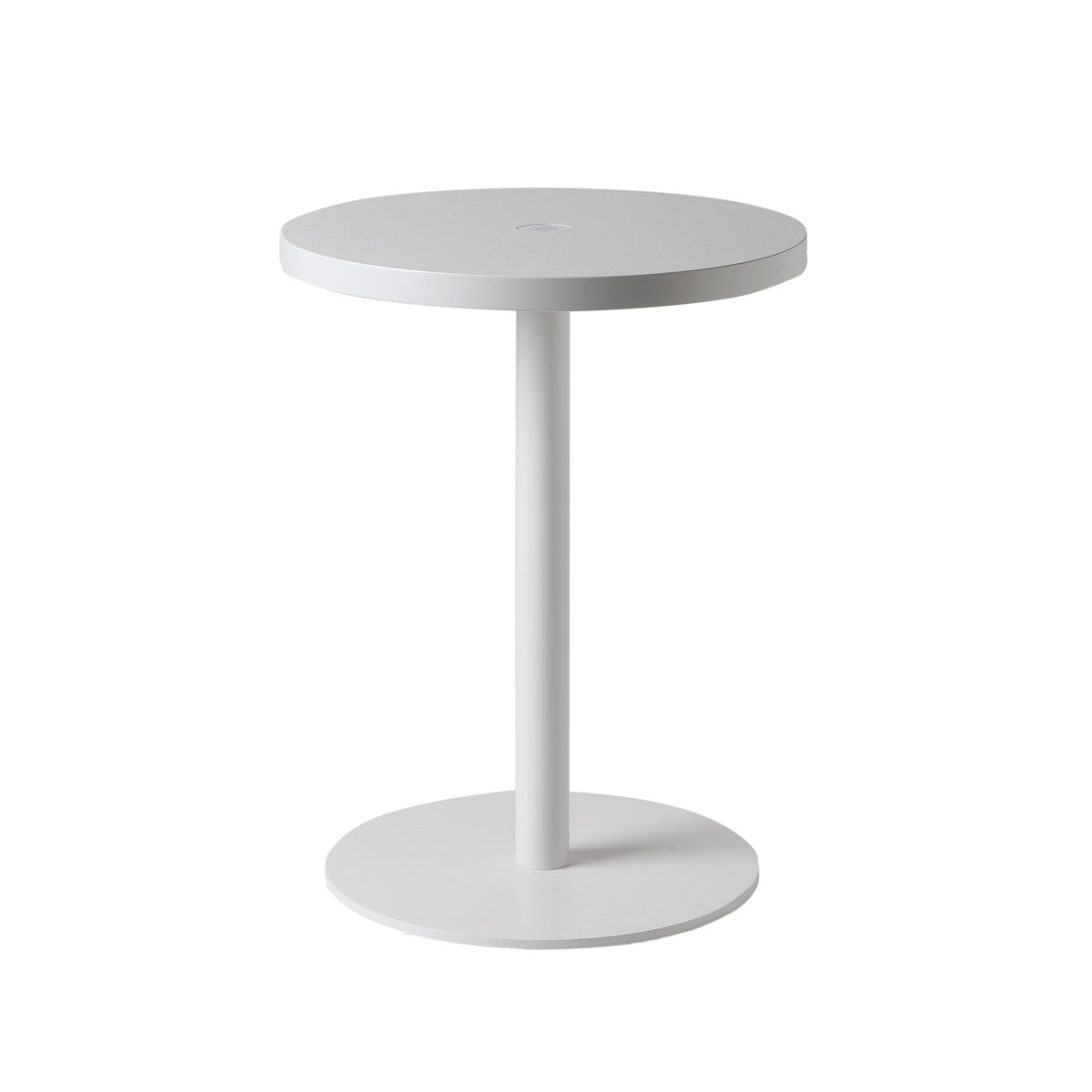 COVO Edvige by Enzo Calabrese. A minimalist white round table with a pedestal base stands against a plain background.