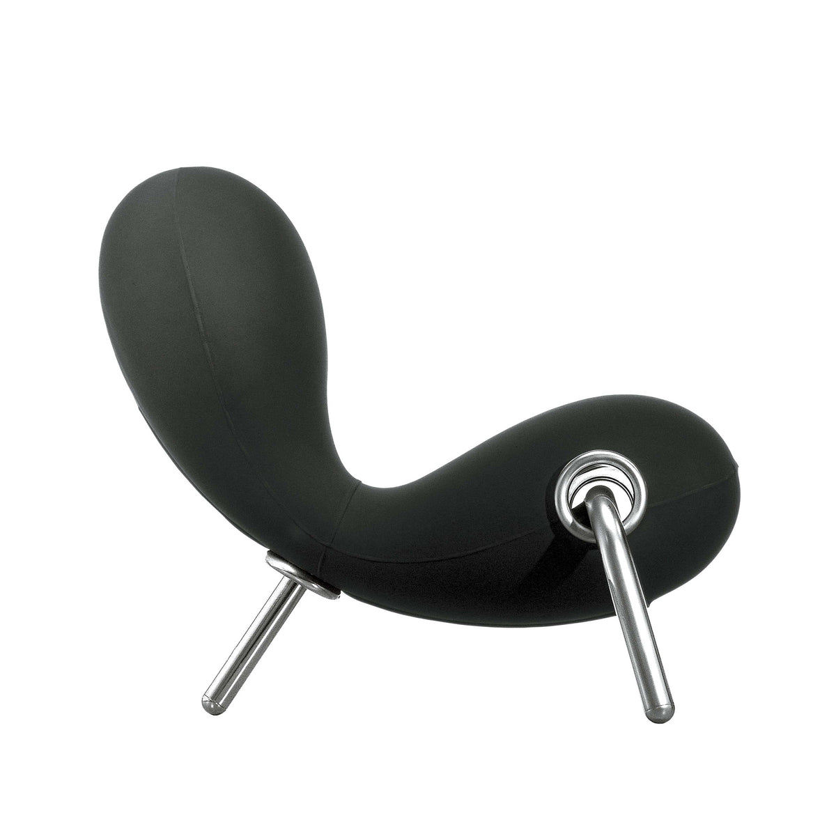 Cappellini Embryo Chair by Marc Newson. A sleek black curved seat with polished metal legs on white.