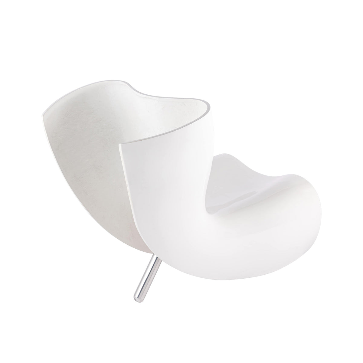 Cappellini Felt Chair by Marc Newson. A sleek white curved chair with a metallic leg sits against a neutral backdrop.