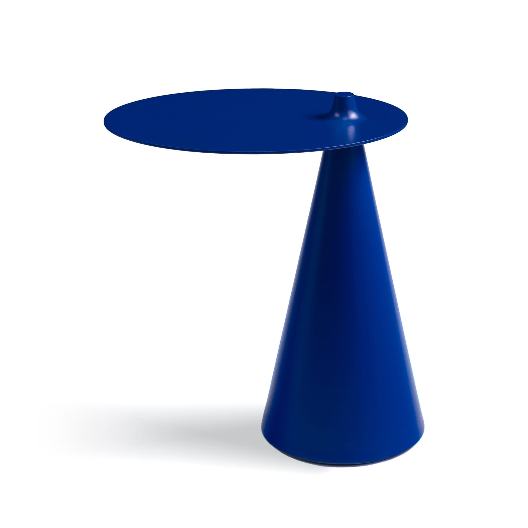 Established & Sons Fez Side Table by Nao Tamura. A sleek blue cone-shaped pedestal table with a polished circular top.