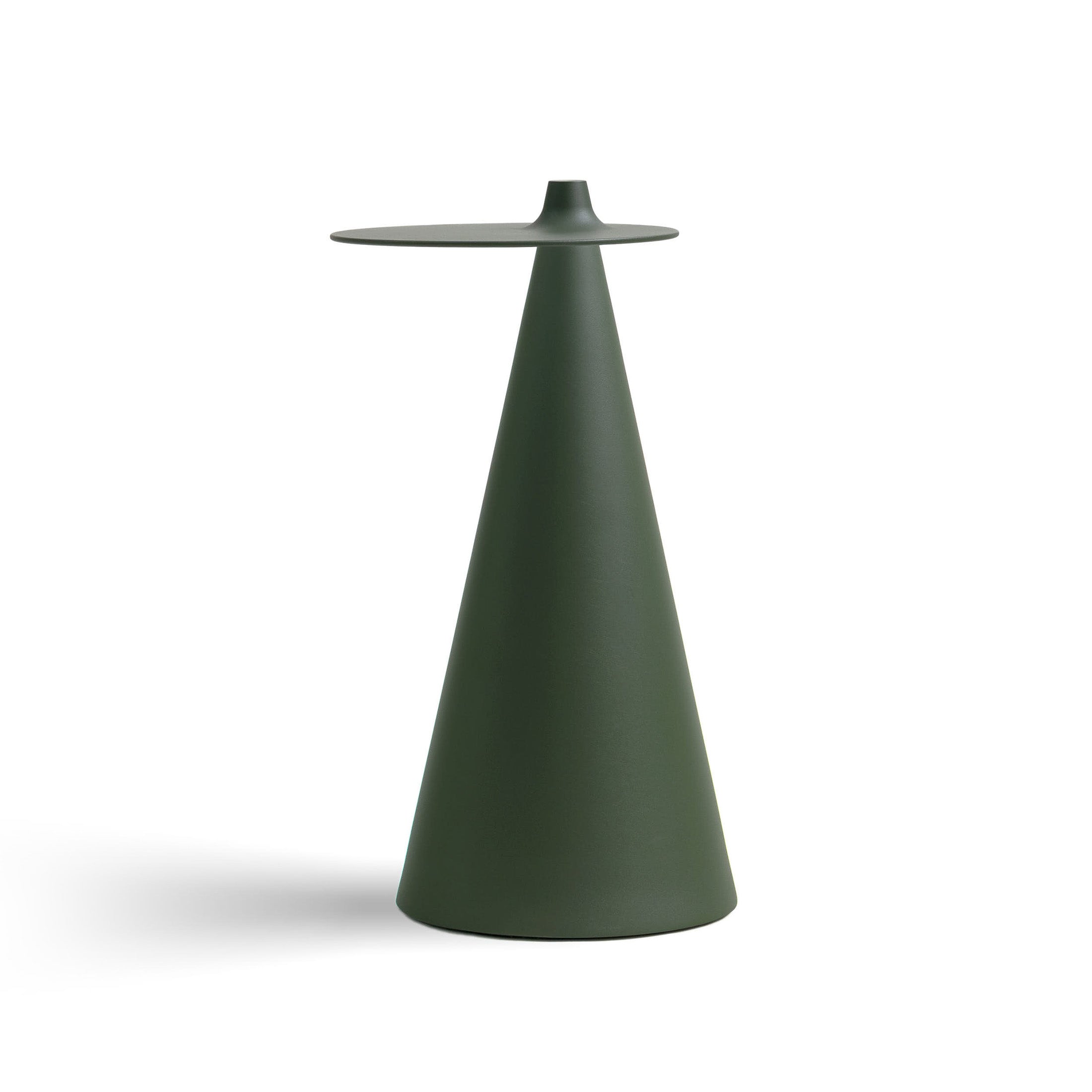 Established & Sons Fez Side Table by Nao Tamura. A dark green cone-shaped structure with a flat circular top stands alone.
