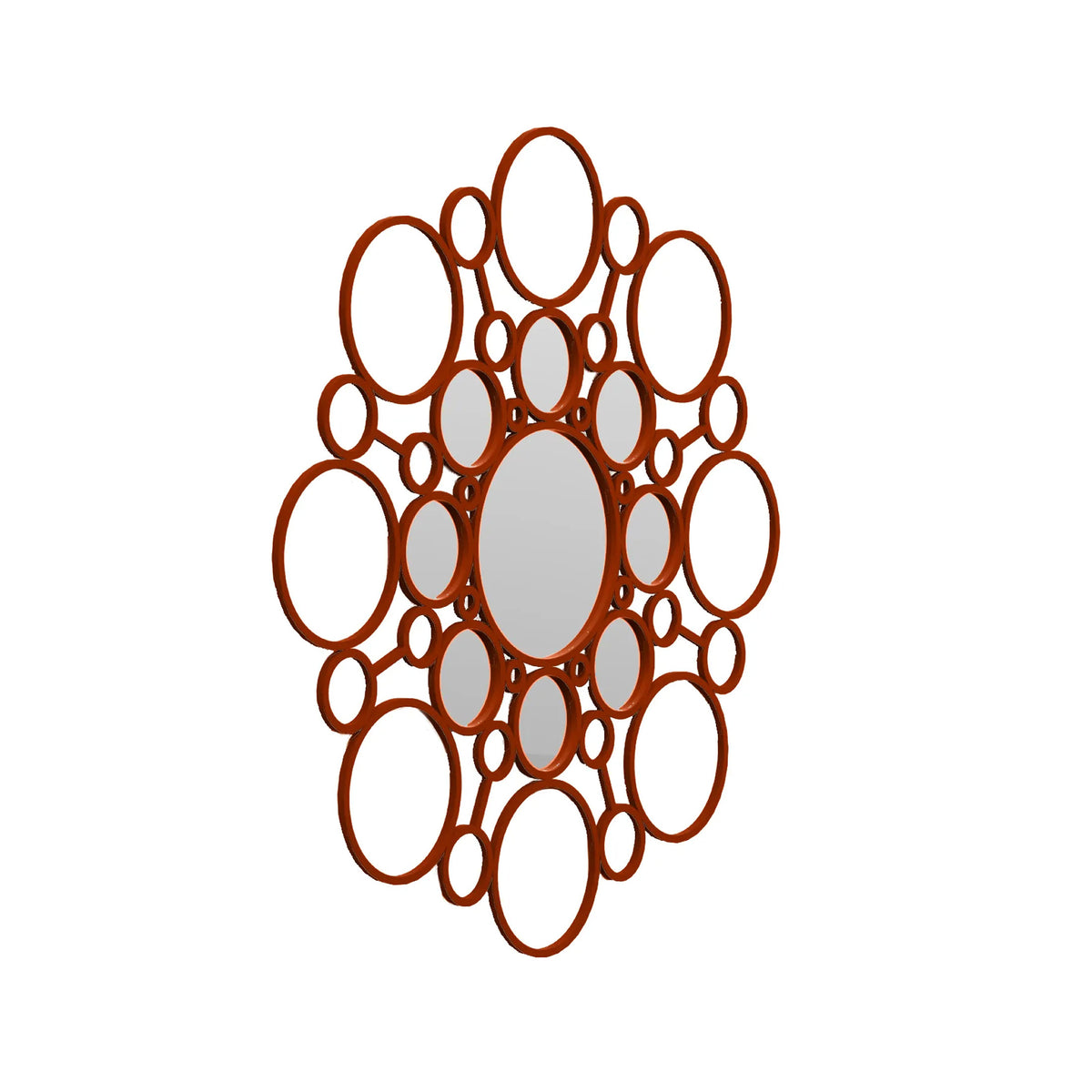 COVO Floret Mirror by Marta Laudani. A rustic brown metal frame holds multiple oval mirrors with gray-tinted centers.