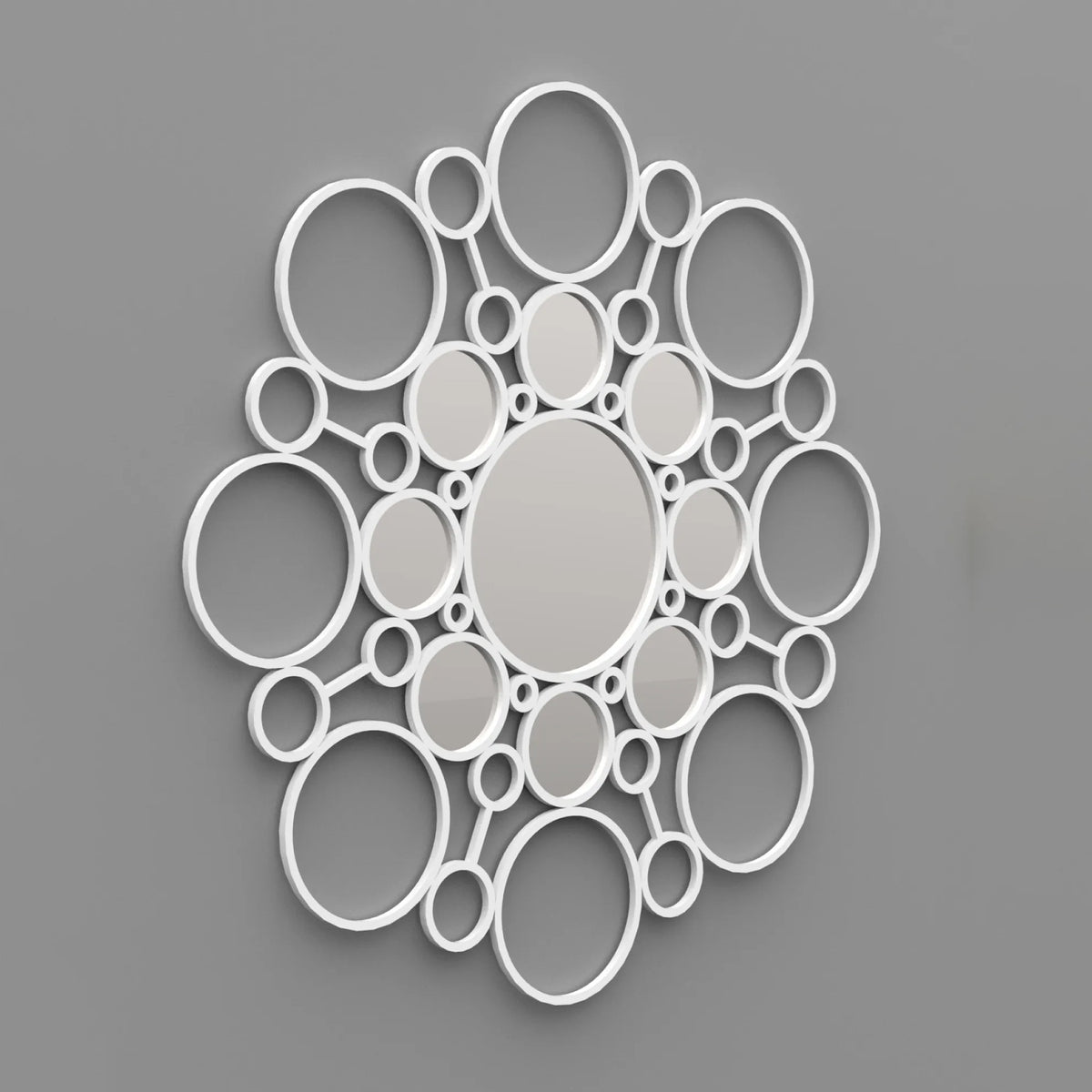 COVO Floret Mirror by Marta Laudani. White circular frames of varying sizes cluster together on a gray wall.