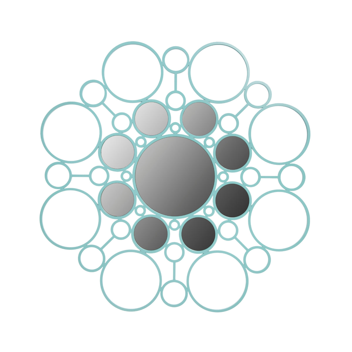 COVO Floret Mirror by Marta Laudani. Turquoise circles of varying sizes form a connected network with a central dark sphere.