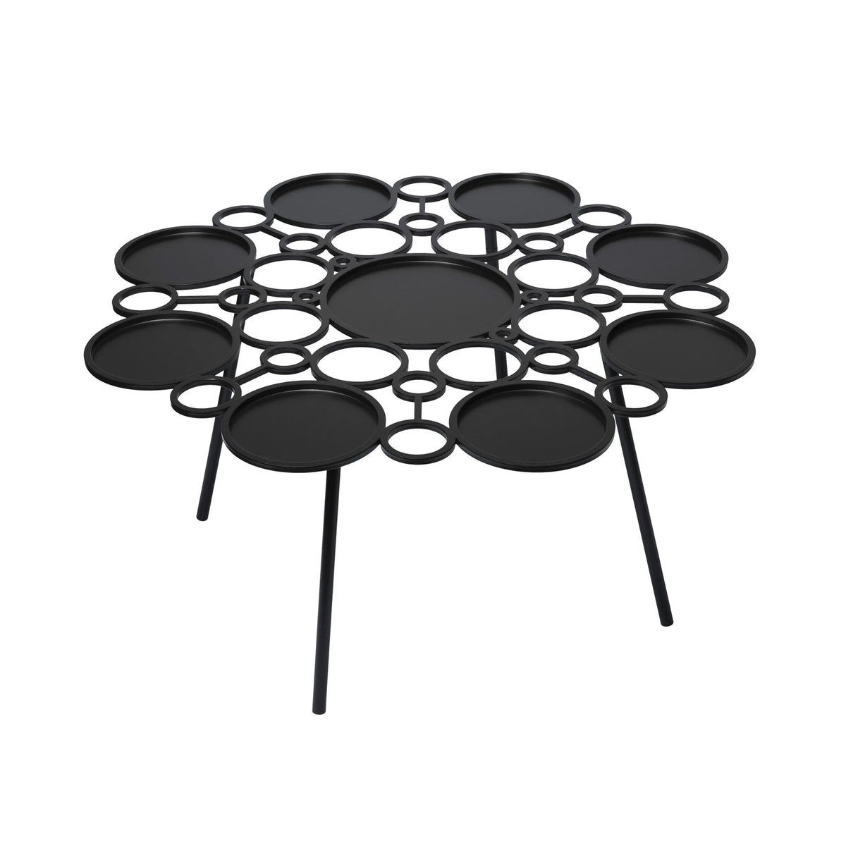 COVO Floret Table by Marta Laudani. A black metal table features circular platforms arranged in a geometric pattern.