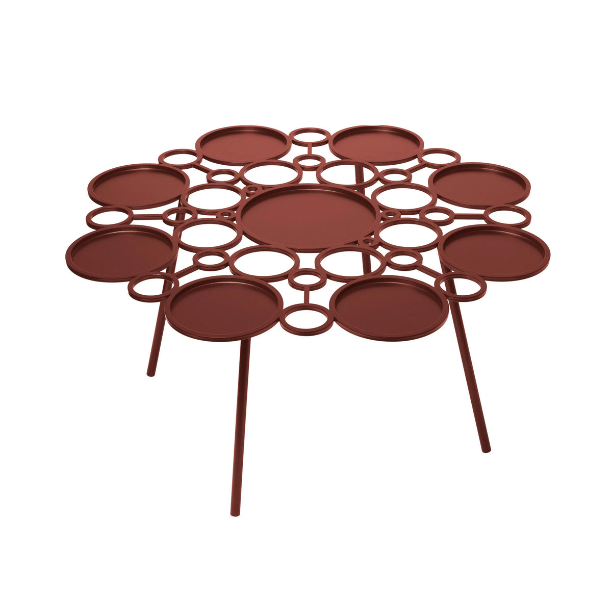 COVO Floret Table by Marta Laudani. A burgundy metal table features multiple circular platforms connected by rings.