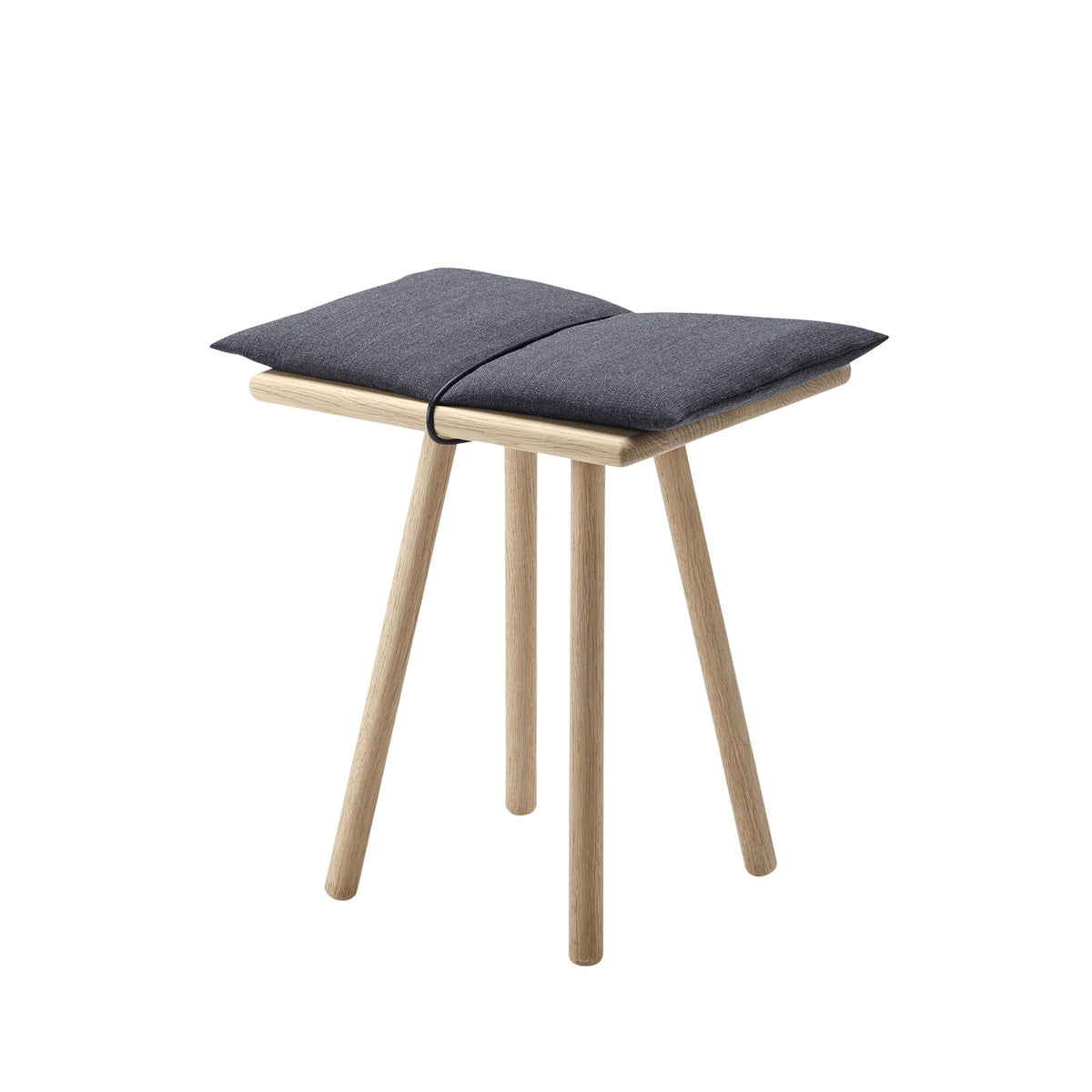 Fritz Hansen Georg Bench by Chris Liljenberg Halstrøm. Light wood stool with dark gray fabric cushion.