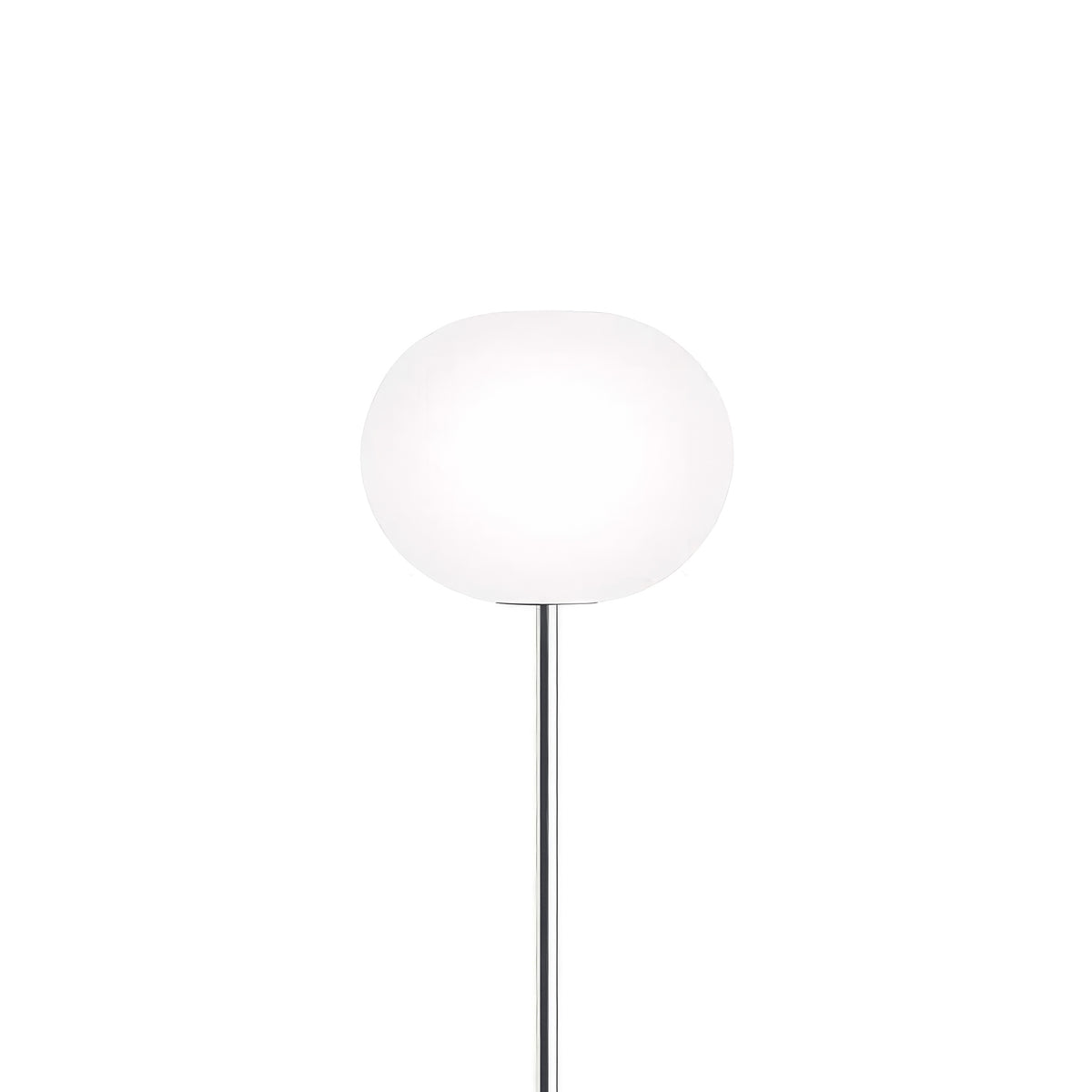 Flos Glo-Ball Floor 1 by Jasper Morrison. A sleek chrome stem supports a frosted white glass globe lamp.