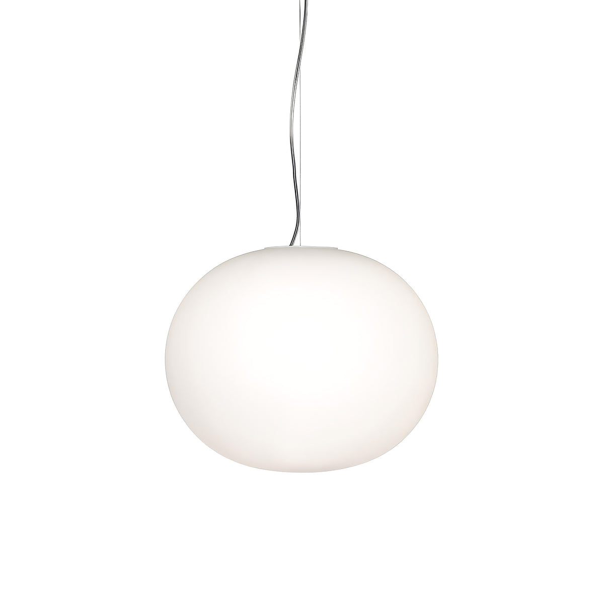 Flos Glo-Ball Suspension 1 by Jasper Morrison. A white frosted glass globe hangs from a thin curved wire cord.
