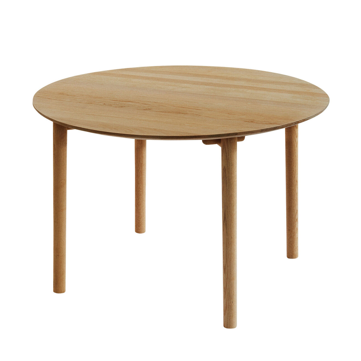 Fritz Hansen Hven Table by Anton Björsing. A round wooden table with four cylindrical legs in a light natural finish.