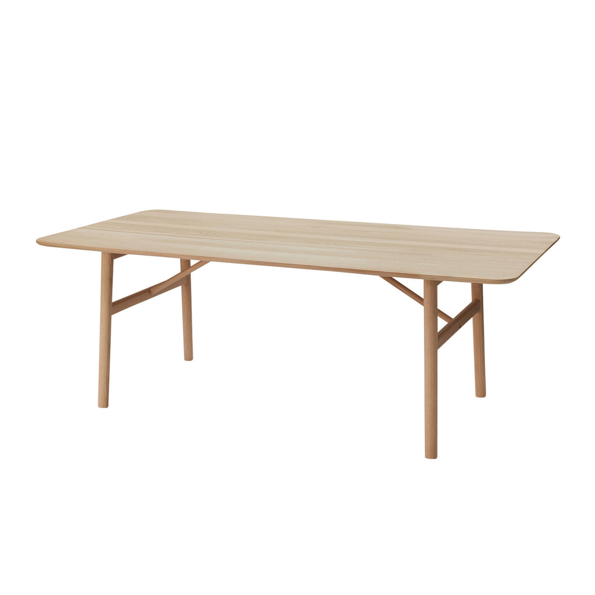 Fritz Hansen Hven Table by Anton Björsing. A light wooden dining table with rounded corners and angled support braces.