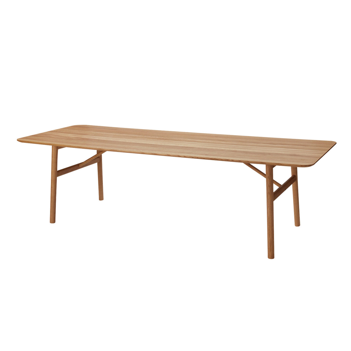 Fritz Hansen Hven Table by Anton Björsing. A wooden table with a light brown finish and angled leg supports.