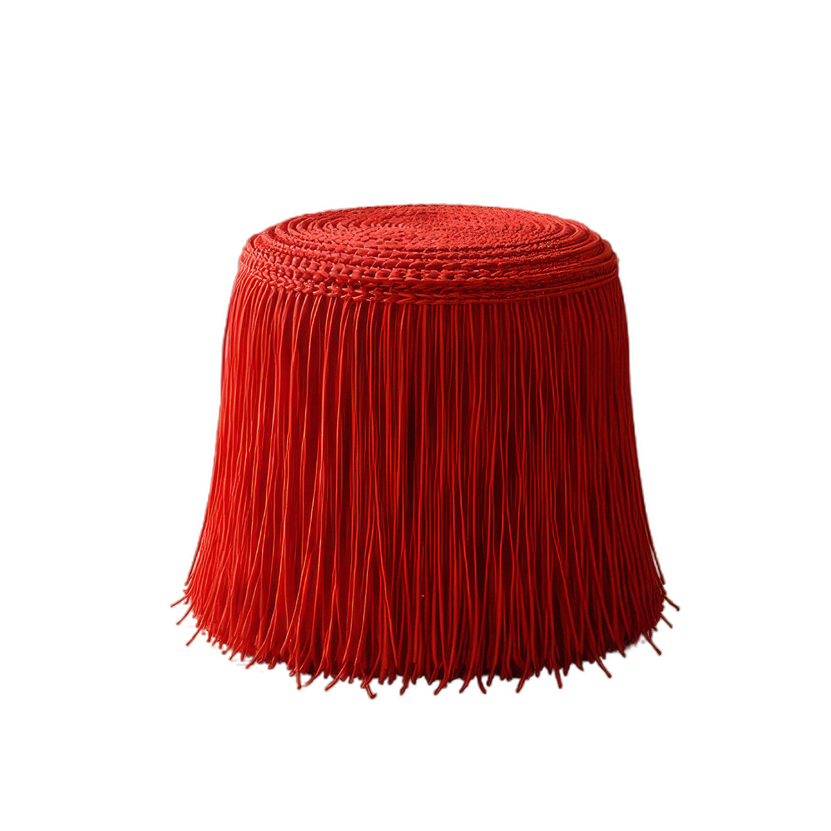 COVO Jelly Pouf by Rosanna Contadini. A red cylindrical fringe trim features layered tassels and braided edging.