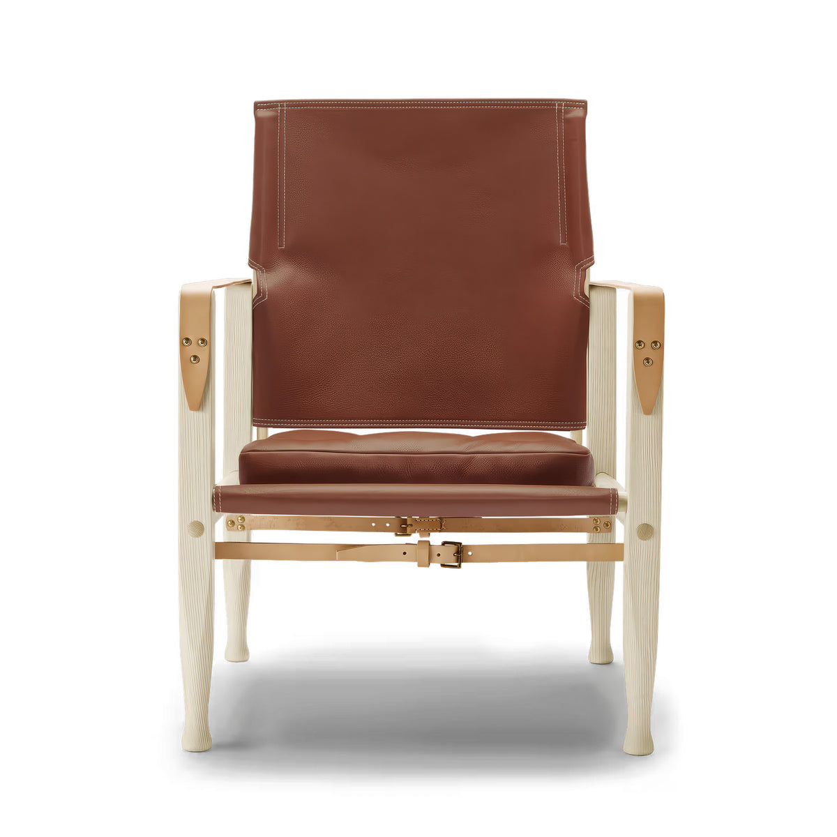 Carl Hansen & Søn KK47000 Safari Chair by Kaare Klint. Brown leather chair with pale wood frame and tan leather straps.