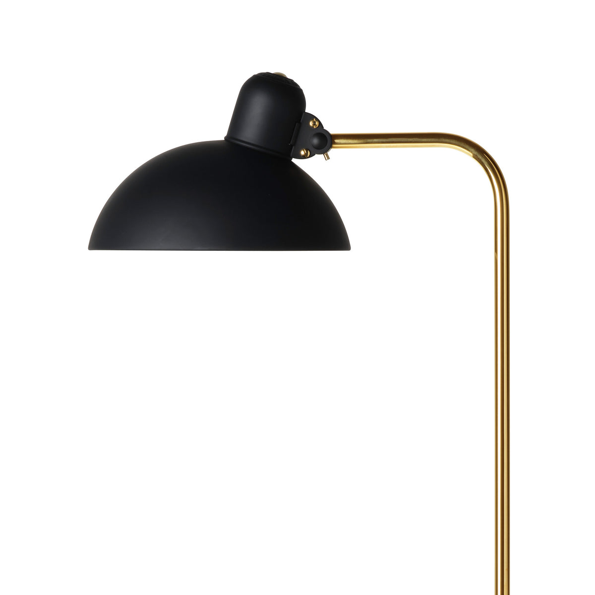 Fritz Hansen Kaiser Idell™ Floor Lamp by Christian Dell. Black dome shade with brass curved arm and adjustable head.