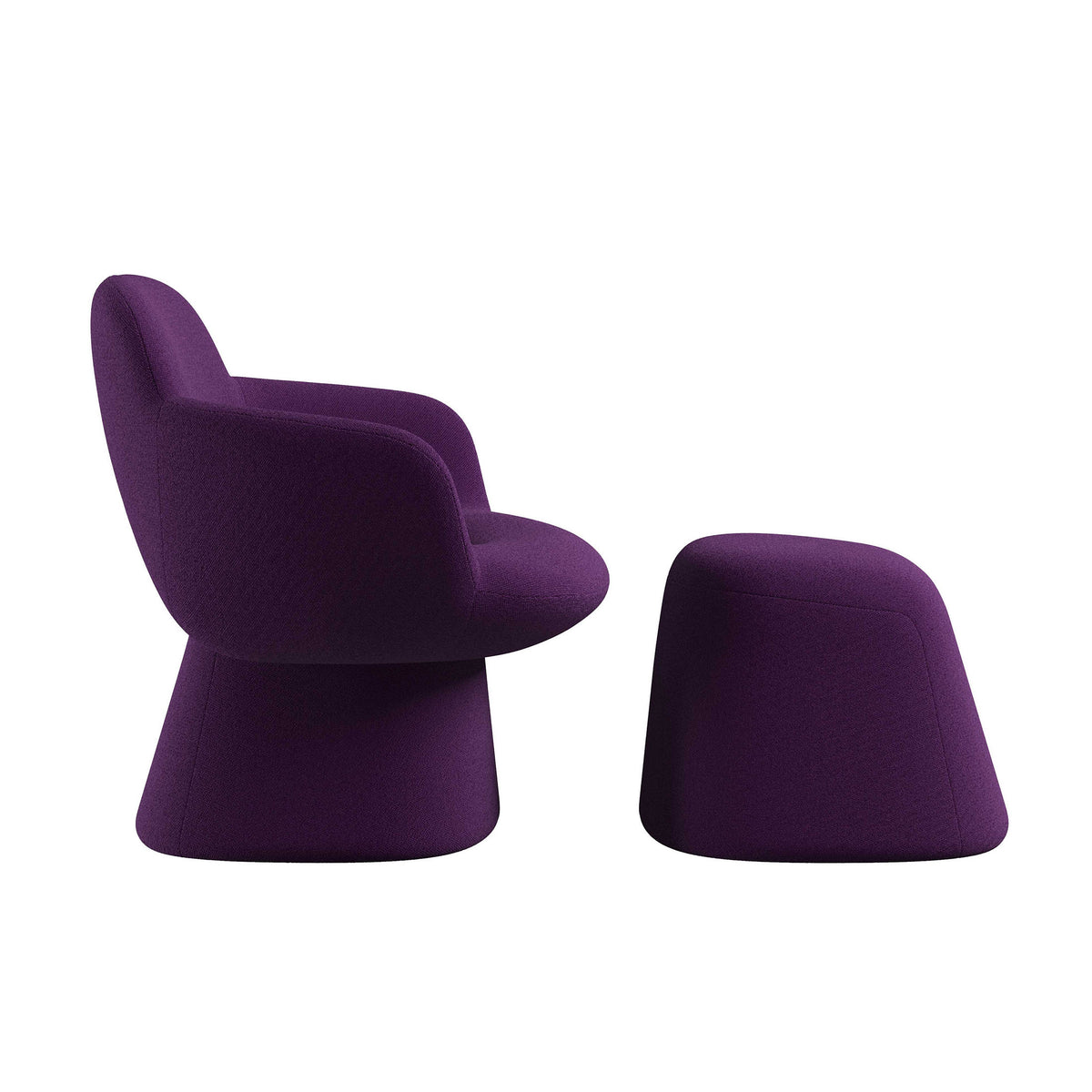 Cappellini Kwado by Sebastian Herkner. A purple upholstered chair and matching ottoman sit against a white background.