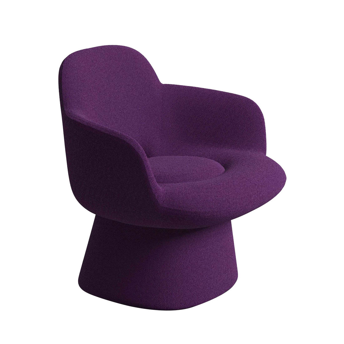 Cappellini Kwado by Sebastian Herkner. A plush purple fabric chair features curved arms and a rounded pedestal base.