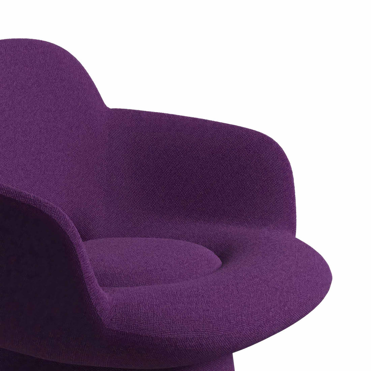 Cappellini Kwado by Sebastian Herkner. A plush purple fabric chair features soft, rounded curves and a modern design.