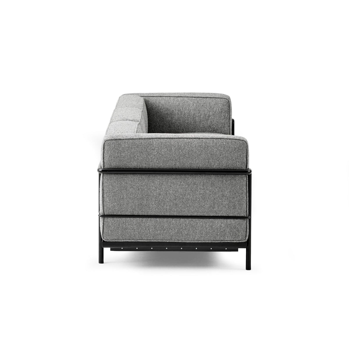Cassina LC3 3 Seat Sofa by Le Corbusier. Gray upholstered chair with black metal frame and legs.