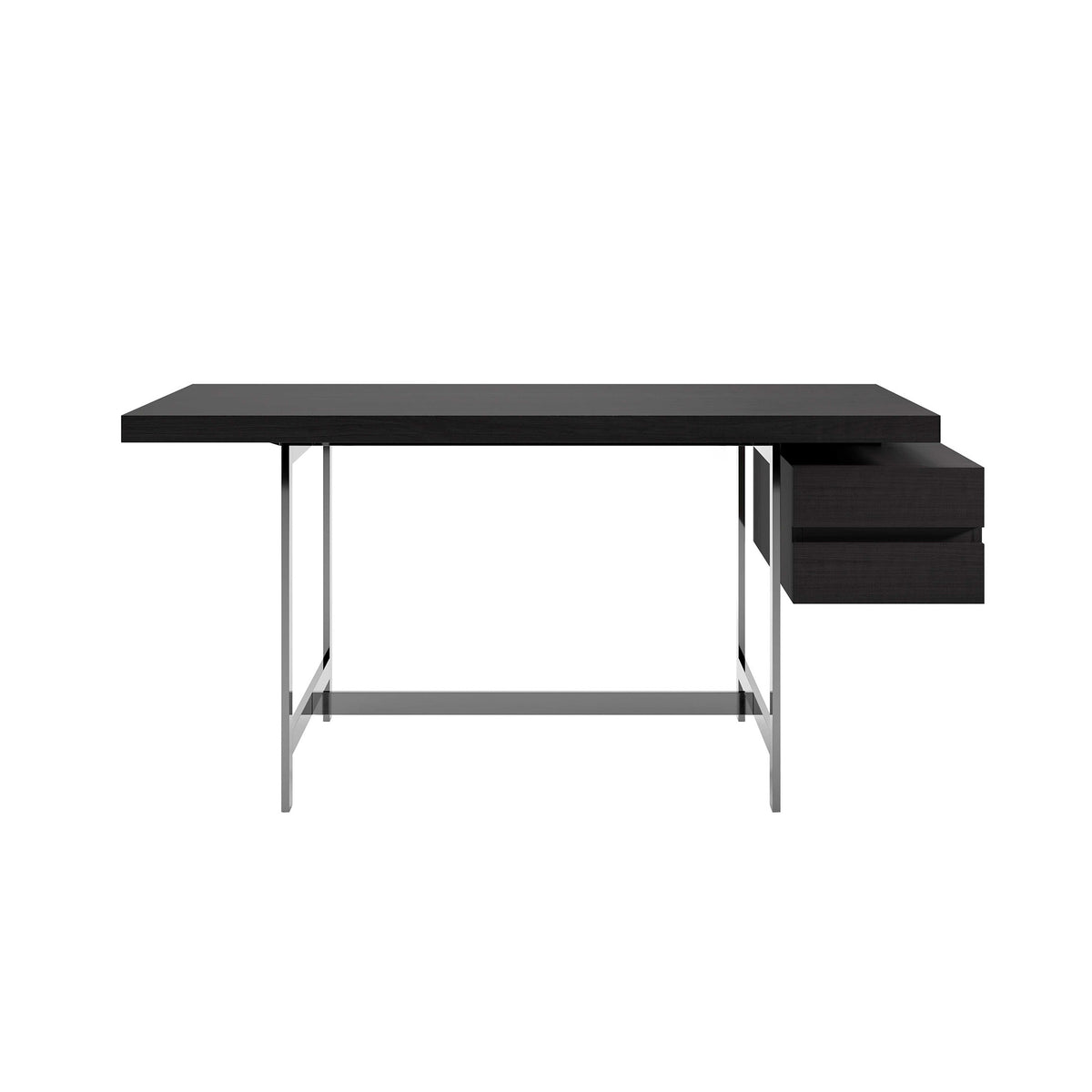 Cappellini Lochness Table by Piero Lissoni. A modern black desk with metal legs and two drawers on the right side.