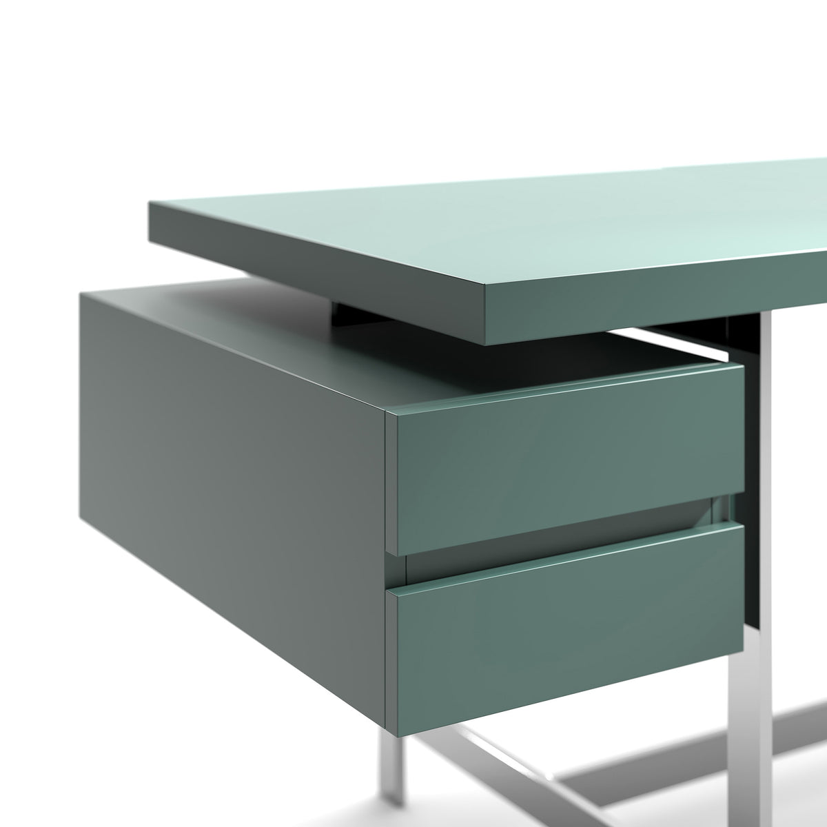 Cappellini Lochness Table by Piero Lissoni. A modern mint-green desk with two drawers and metal legs on white.