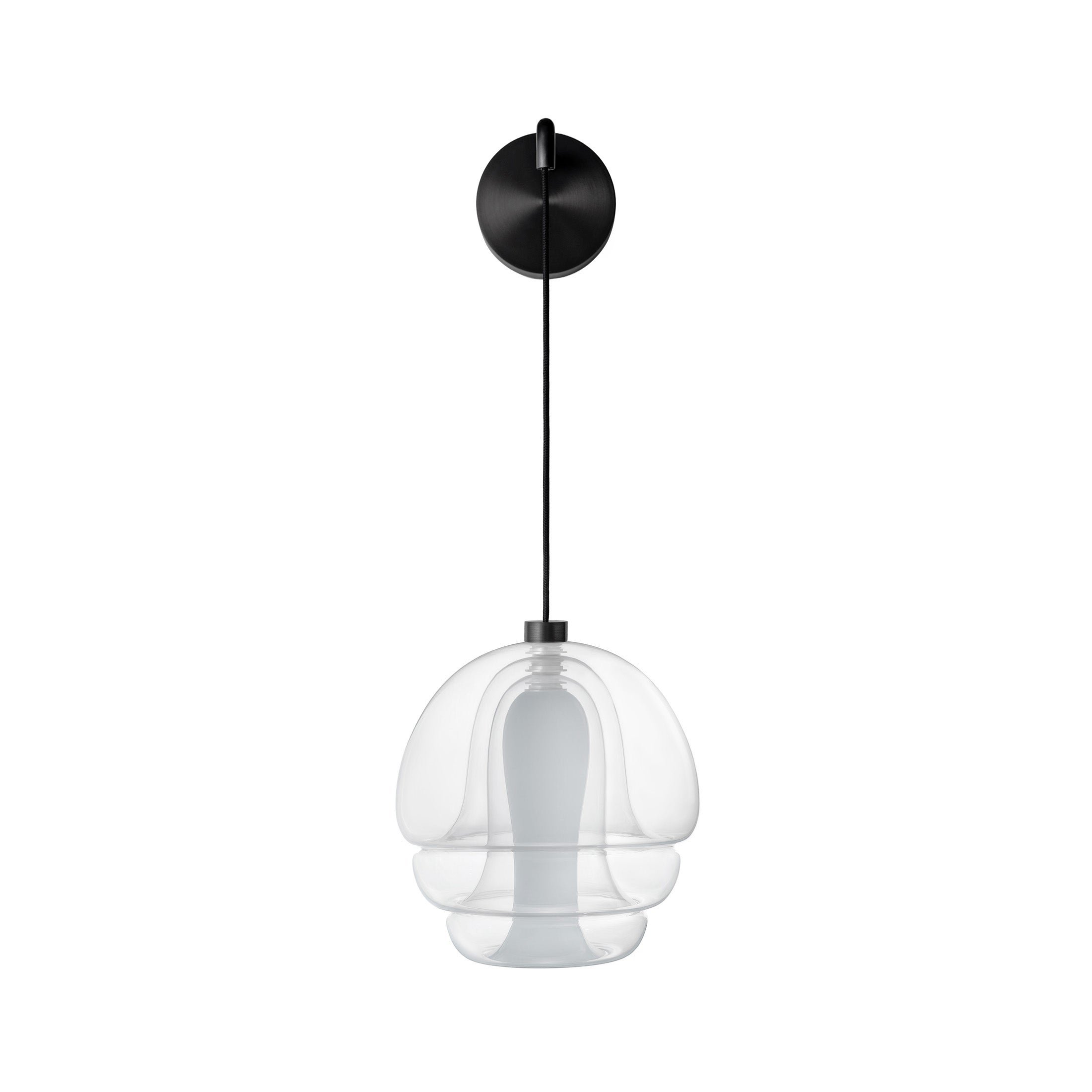 Established & Sons Medusa Wall Lamp by Carlo Nason. A clear glass pendant hangs from a black cord and canopy.