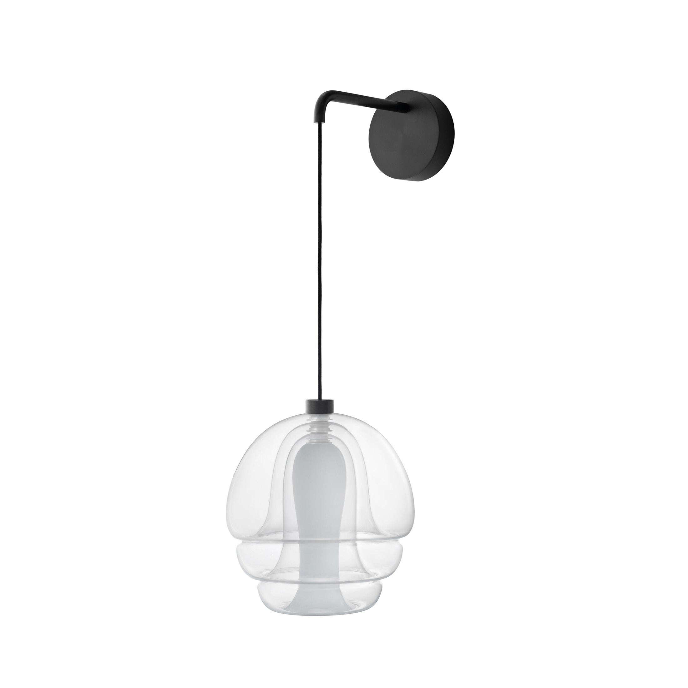Established & Sons Medusa Wall Lamp by Carlo Nason. A black metal arm extends from a clear glass dome pendant light.
