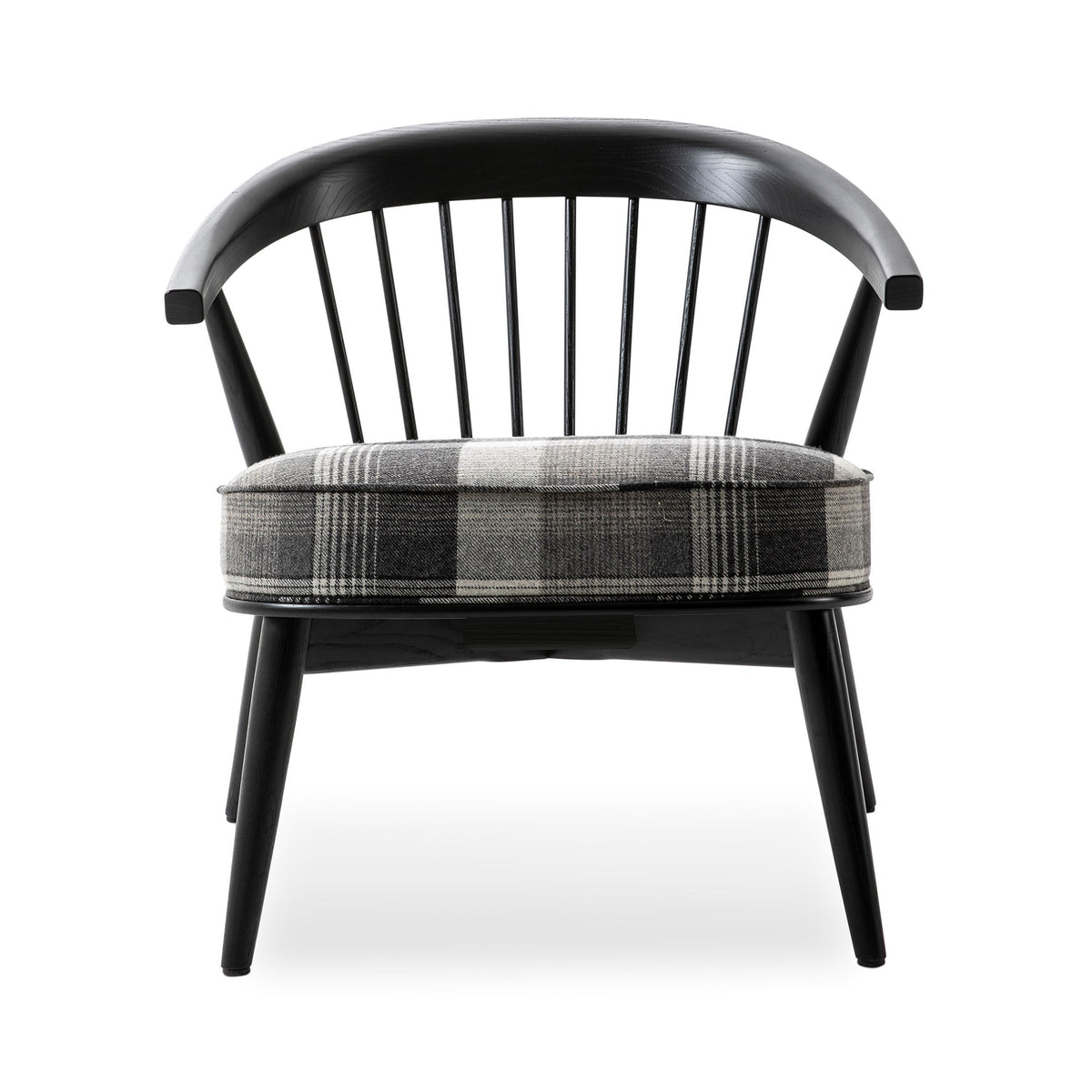 Cappellini Newood Relax by BrogliatoTraverso. Black wooden chair with plaid gray seat cushion and vertical spindle backrest.