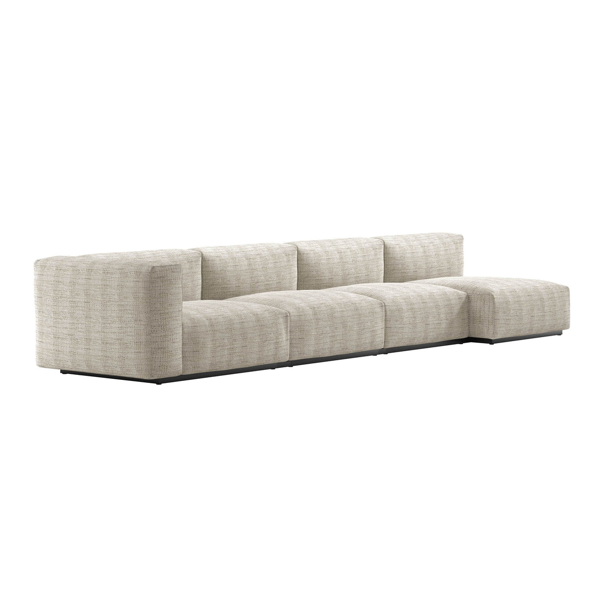Cappellini Oblong Plus by Jasper Morrison. A long beige upholstered sectional sofa with modular cushioned sections.