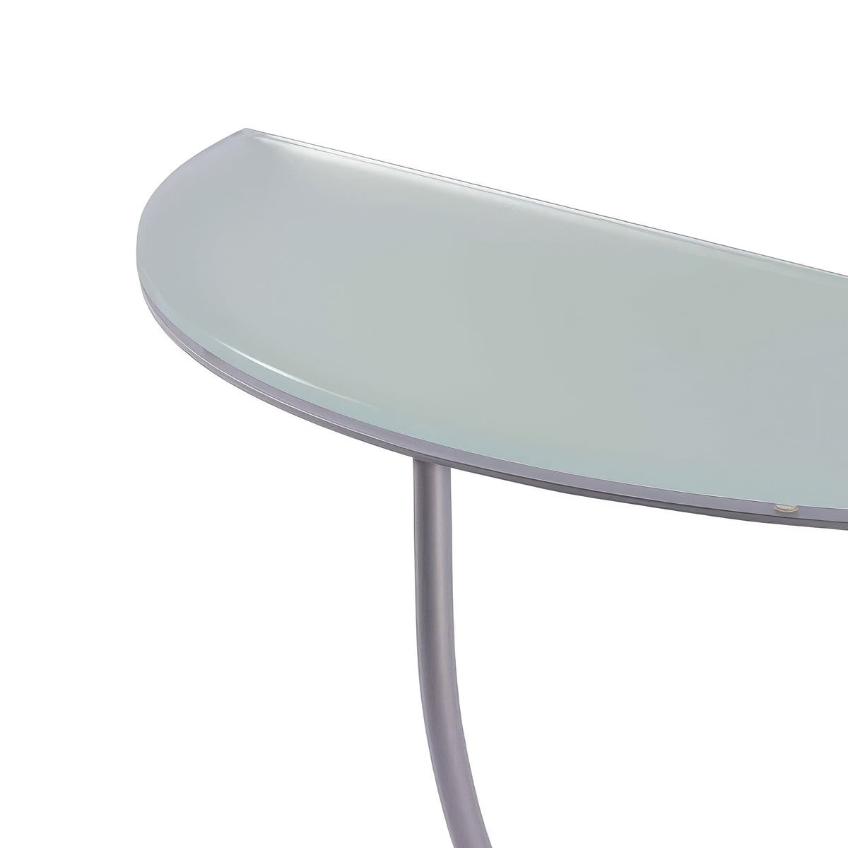Cappellini One Legged Table by Jasper Morrison. A frosted glass tabletop with curved edges sits atop a sleek metal pedestal.