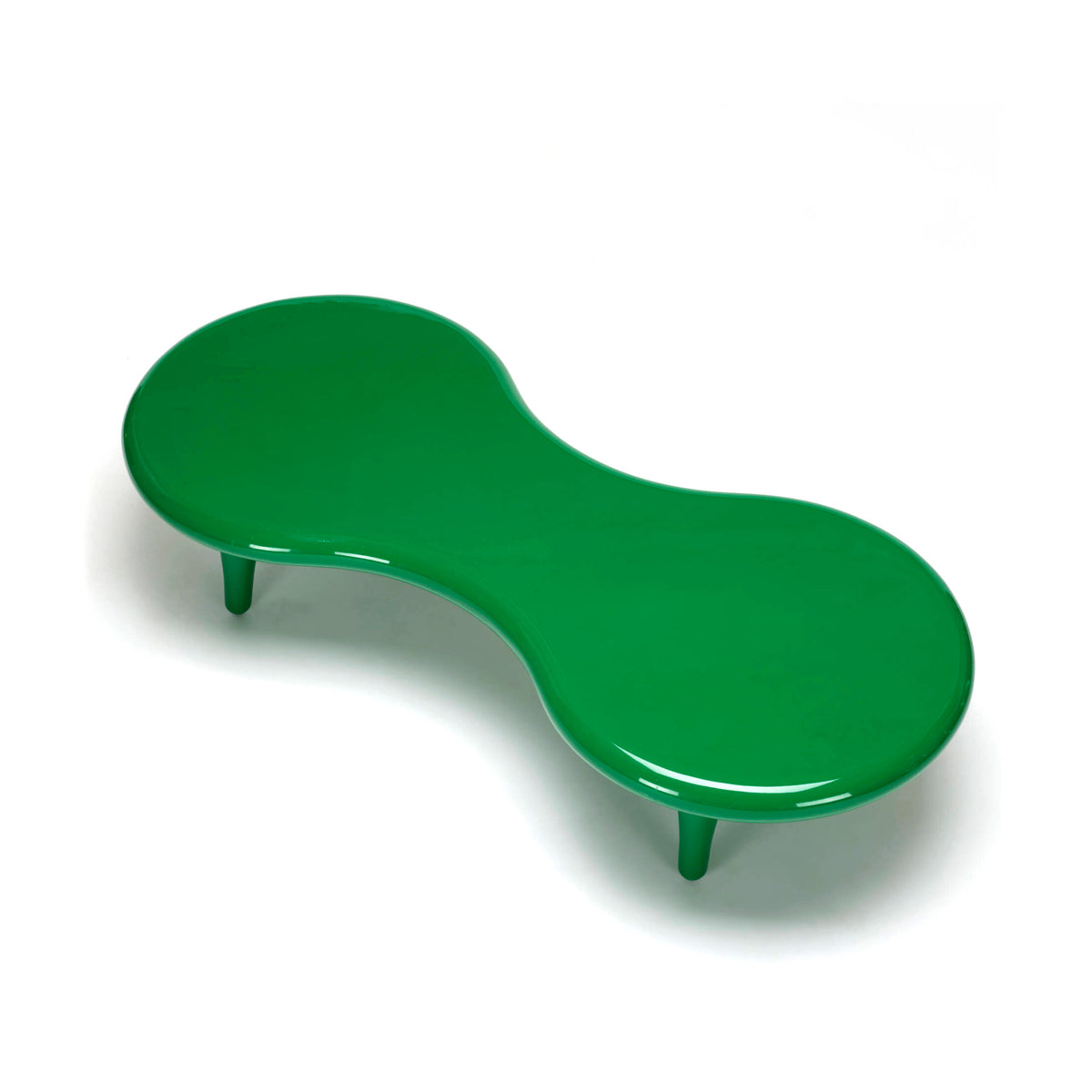 Cappellini Orgone Table by Marc Newson. A glossy green sculptural table with curved organic shapes and sleek legs.