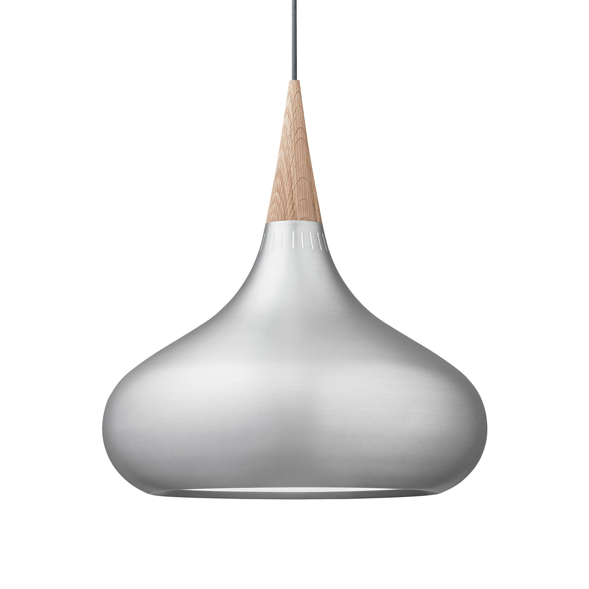 Fritz Hansen Orient™ Pendant - P2, Ø 340 mm by Jo Hammerborg. Silver metal dome with natural wood accent top.