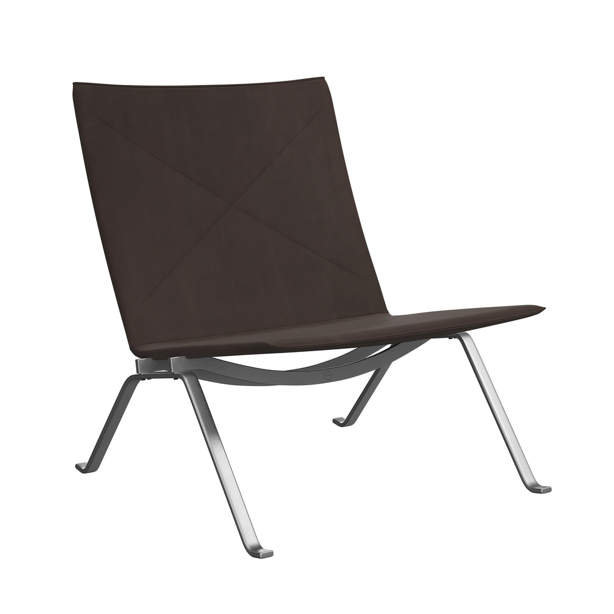 Fritz Hansen PK22™ Lounge Chair by Poul Kjaerholm. A modern chair with dark brown fabric and sleek metal legs.