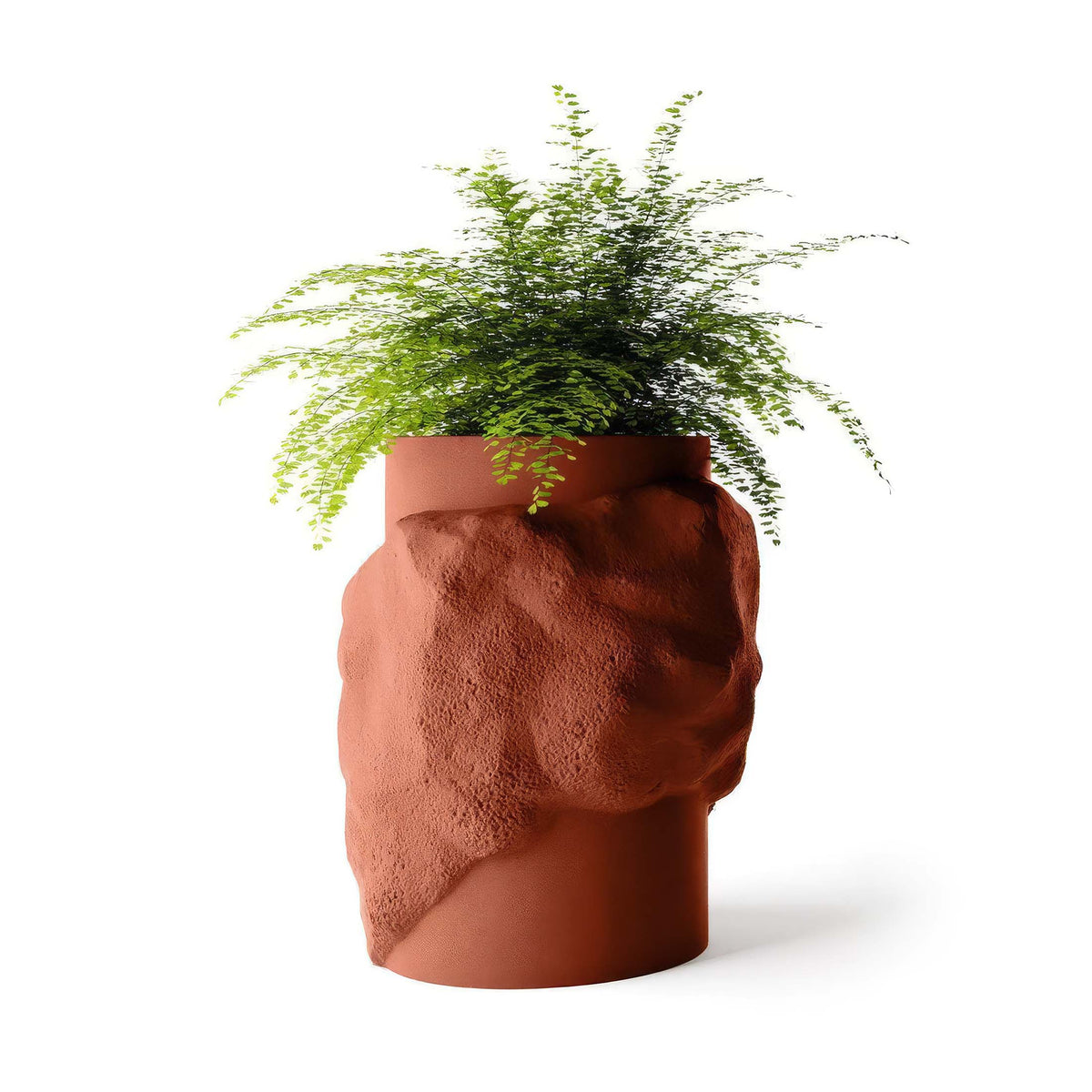 Indigenus Petra by Fernando Mastrangelo. A terracotta head-shaped planter holds cascading green ferns.