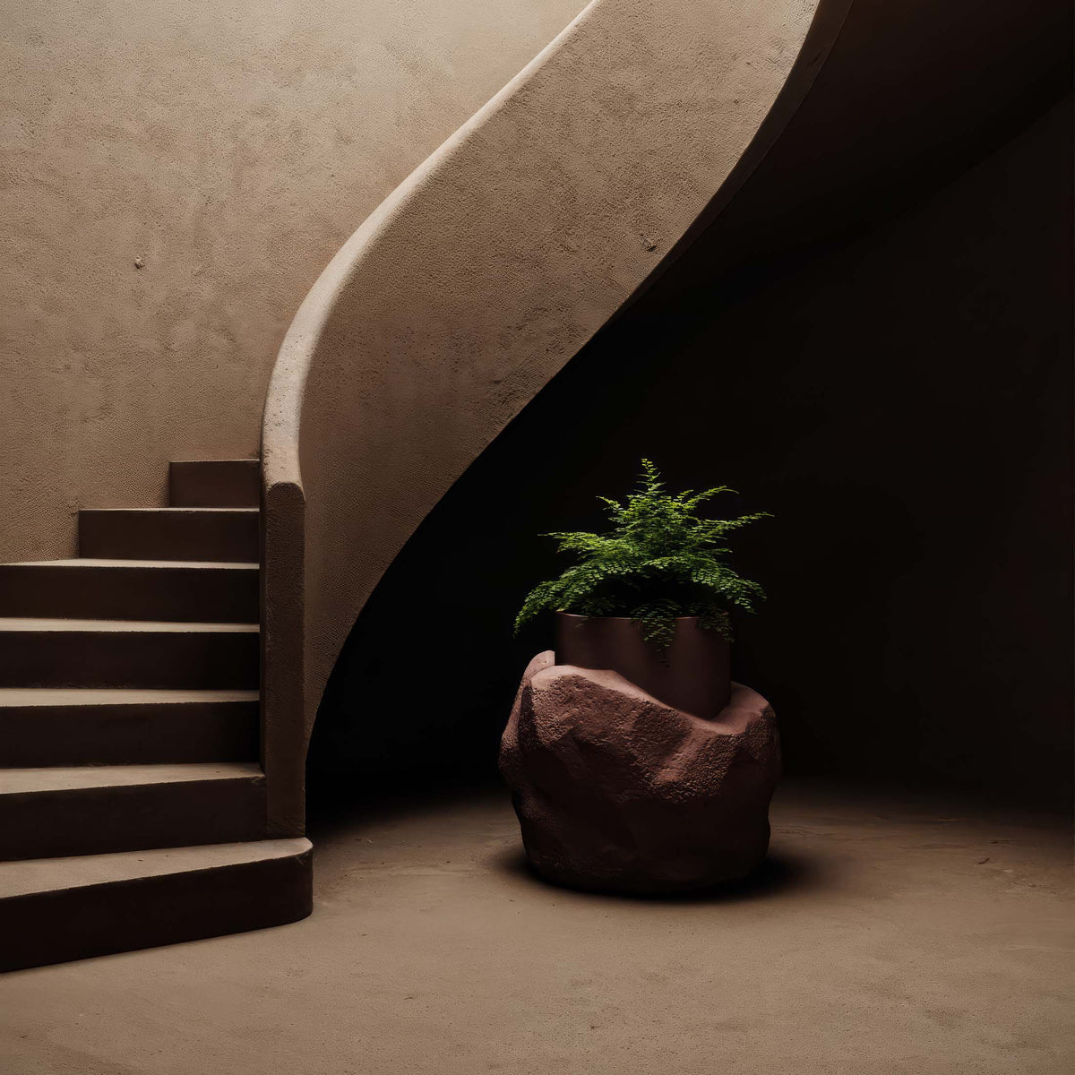 Indigenus Petra by Fernando Mastrangelo. A curved staircase with smooth beige walls frames a potted fern plant.